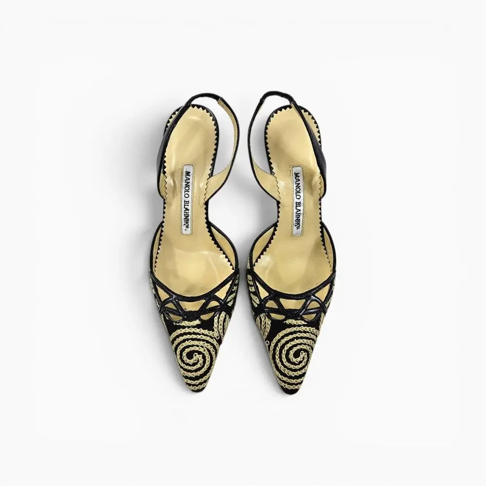 Y2k Manolo Blahnik Kitten Heels Slingback Embroidered - Size 35.5 (5)